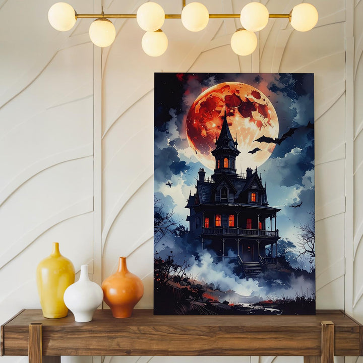 Blood Moon Mansion Canvas – Gothic Haunted House Halloween Wall Art - Gifitto