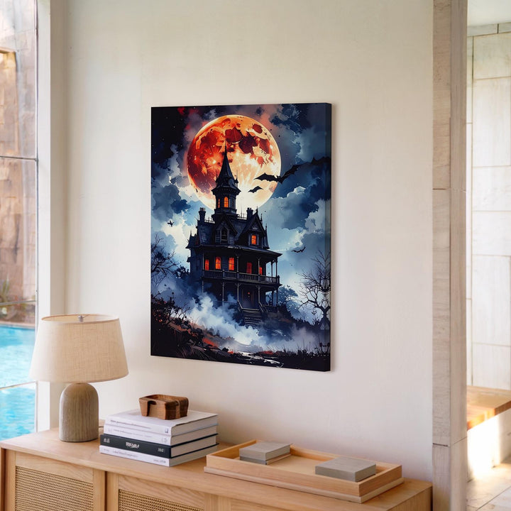 Blood Moon Mansion Canvas – Gothic Haunted House Halloween Wall Art - Gifitto