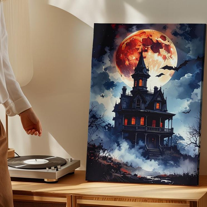Blood Moon Mansion Canvas – Gothic Haunted House Halloween Wall Art - Gifitto