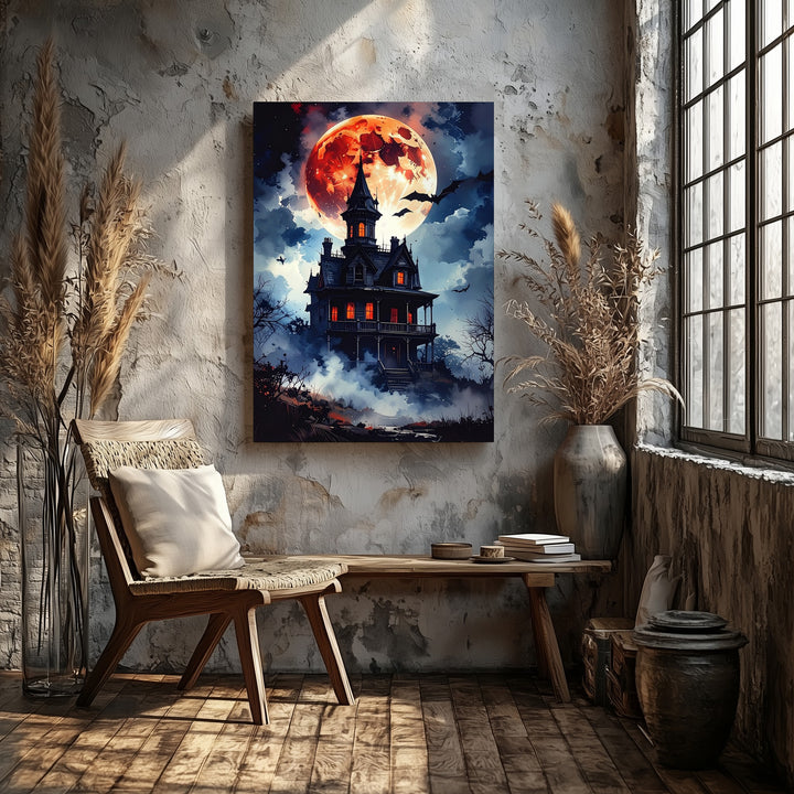 Blood Moon Mansion Canvas – Gothic Haunted House Halloween Wall Art - Gifitto