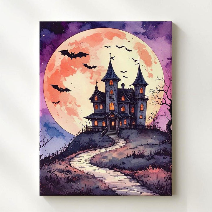 Fairytale Haunted Mansion Canvas – Peach Moon & Vintage Halloween Art - Gifitto