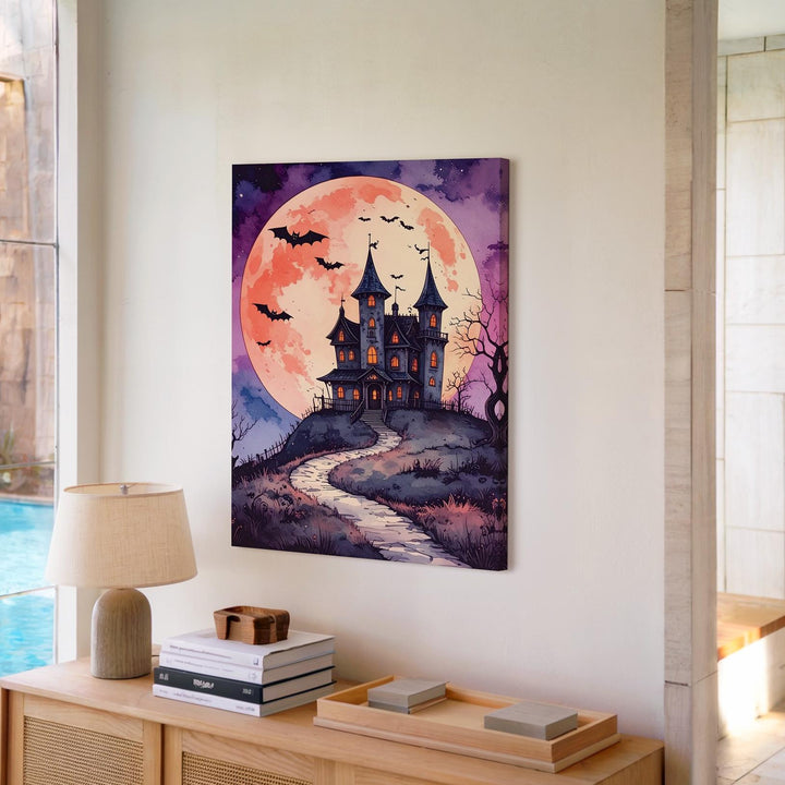 Fairytale Haunted Mansion Canvas – Peach Moon & Vintage Halloween Art - Gifitto