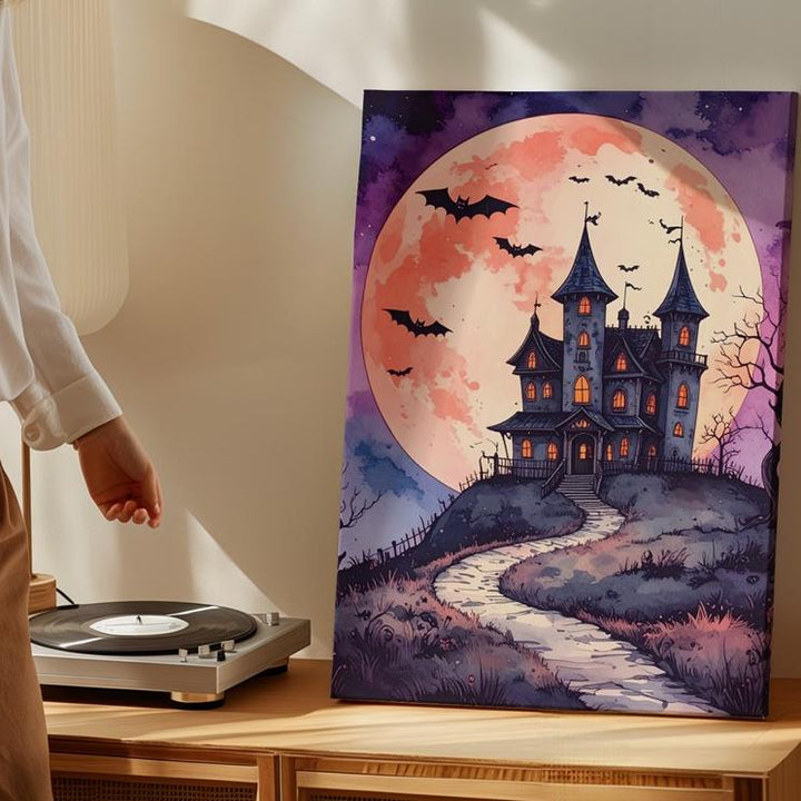Fairytale Haunted Mansion Canvas – Peach Moon & Vintage Halloween Art - Gifitto