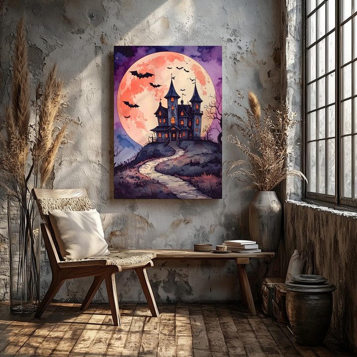 Fairytale Haunted Mansion Canvas – Peach Moon & Vintage Halloween Art - Gifitto