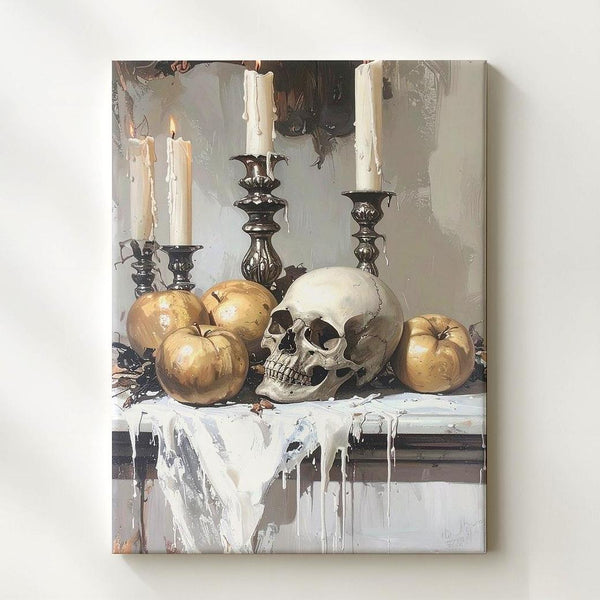 Gothic Skull & Candle Still Life Canvas – Elegant Baroque Halloween Wall Art - Gifitto