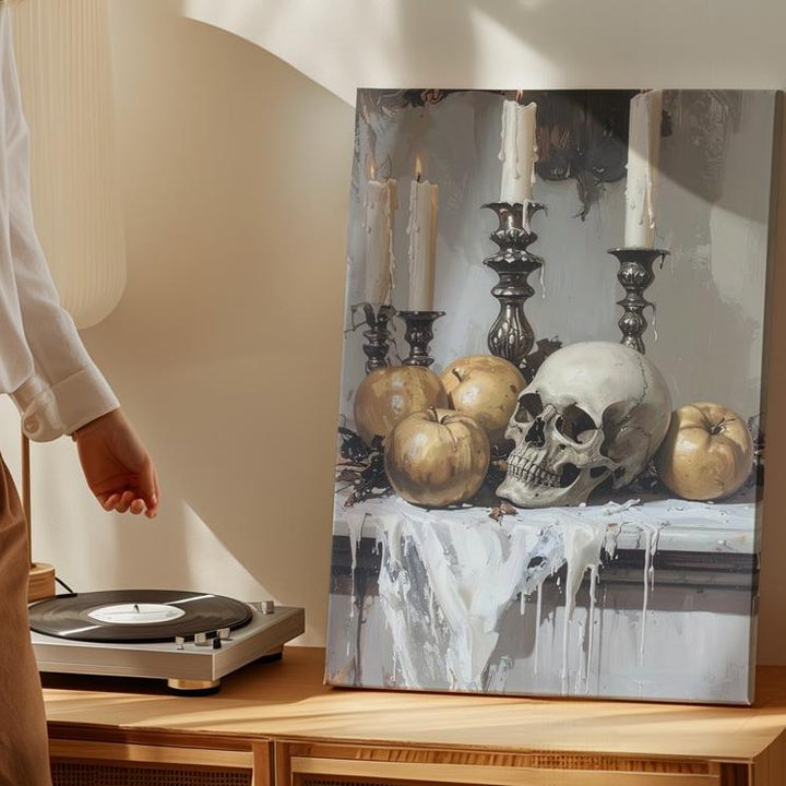 Gothic Skull & Candle Still Life Canvas – Elegant Baroque Halloween Wall Art - Gifitto