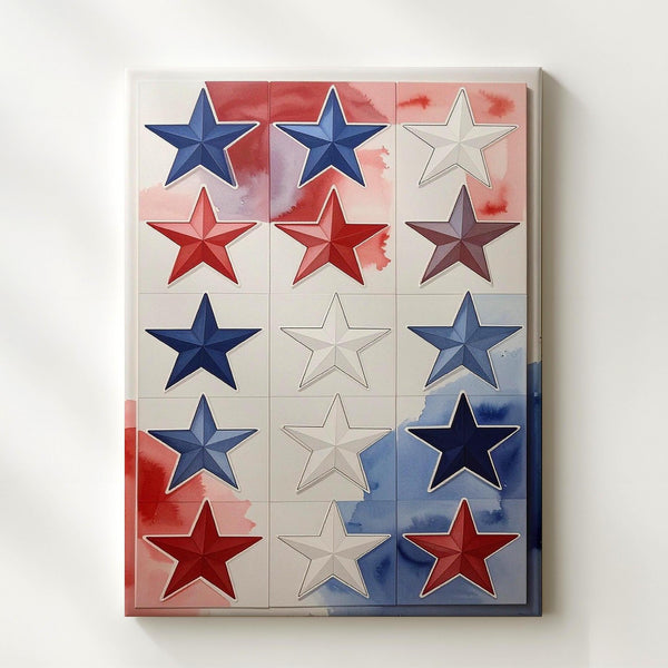 Watercolor Star Grid Canvas – Artistic Patriotic Wall Art in Red & Blue - Gifitto