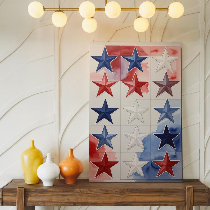 Watercolor Star Grid Canvas – Artistic Patriotic Wall Art in Red & Blue - Gifitto