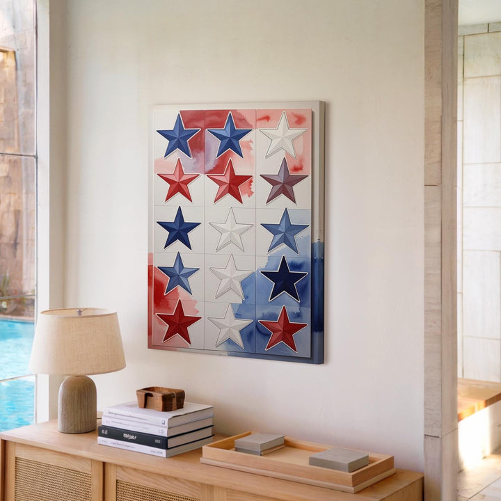 Watercolor Star Grid Canvas – Artistic Patriotic Wall Art in Red & Blue - Gifitto