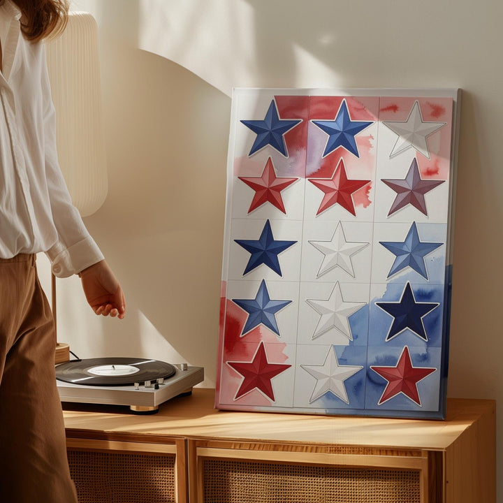 Watercolor Star Grid Canvas – Artistic Patriotic Wall Art in Red & Blue - Gifitto