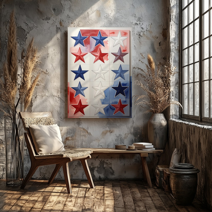 Watercolor Star Grid Canvas – Artistic Patriotic Wall Art in Red & Blue - Gifitto