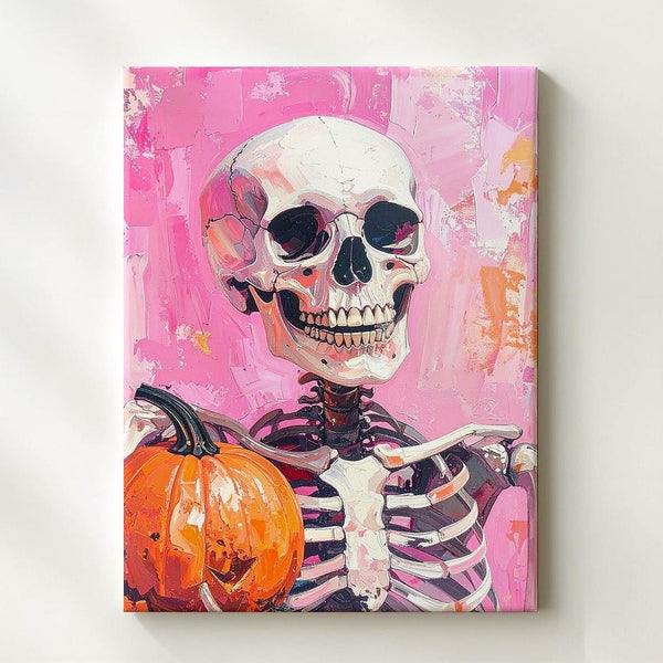 Friendly Grinning Skeleton Canvas – Pink & Rust Painterly Halloween Art - Gifitto