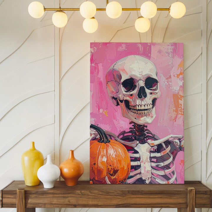 Friendly Grinning Skeleton Canvas – Pink & Rust Painterly Halloween Art - Gifitto