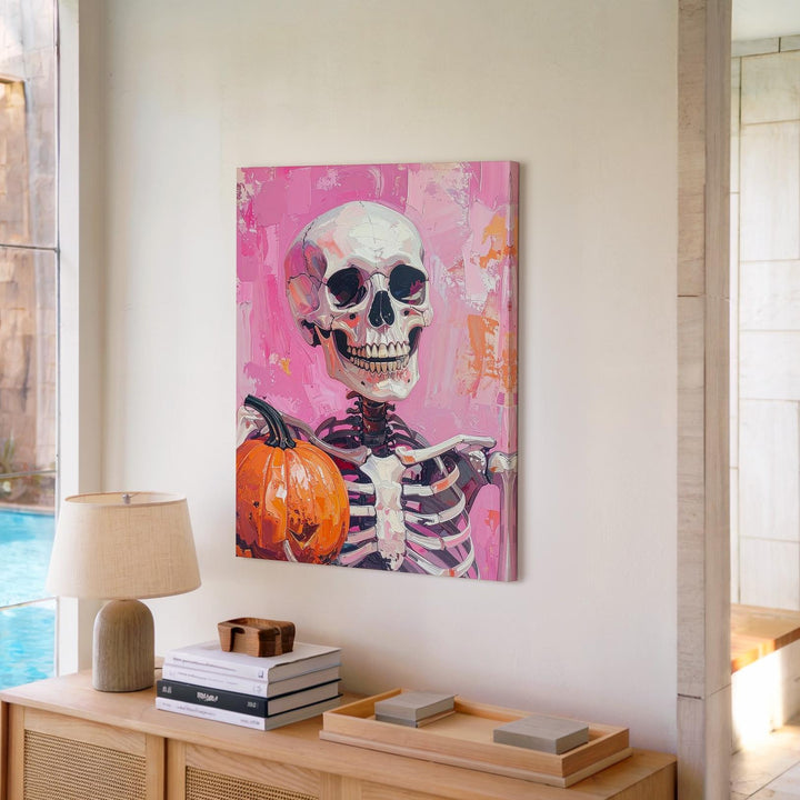Friendly Grinning Skeleton Canvas – Pink & Rust Painterly Halloween Art - Gifitto