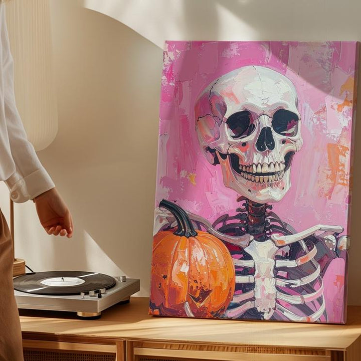 Friendly Grinning Skeleton Canvas – Pink & Rust Painterly Halloween Art - Gifitto