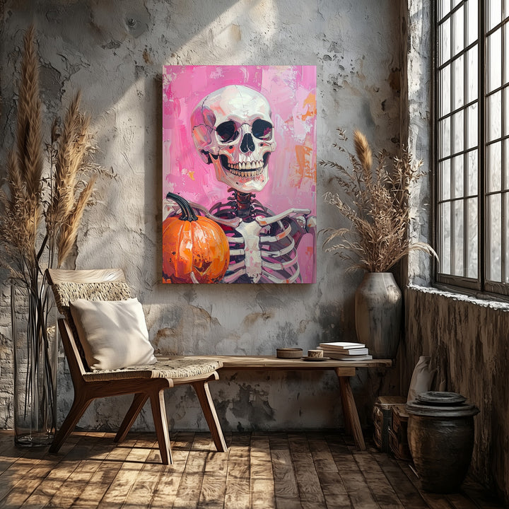 Friendly Grinning Skeleton Canvas – Pink & Rust Painterly Halloween Art - Gifitto