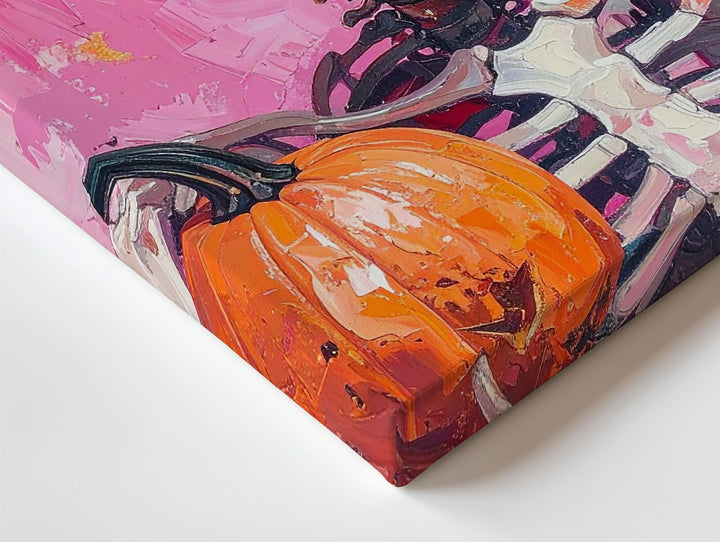Friendly Grinning Skeleton Canvas – Pink & Rust Painterly Halloween Art - Gifitto