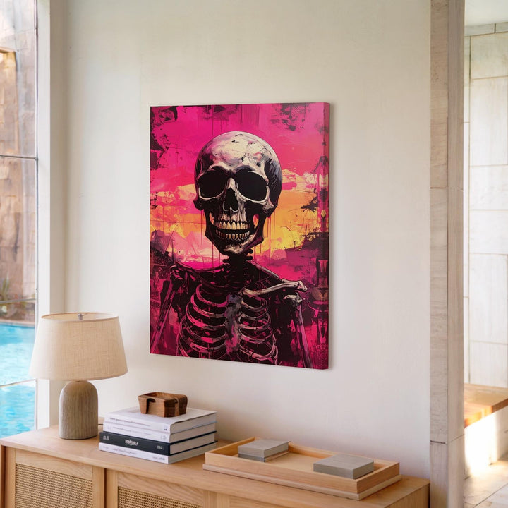 Bold Grinning Skeleton Canvas – Cartoon Horror Halloween Art - Gifitto