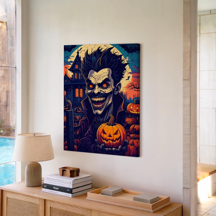 Manic Pumpkin Keeper Canvas – Comic Horror Halloween Mansion Art - Gifitto