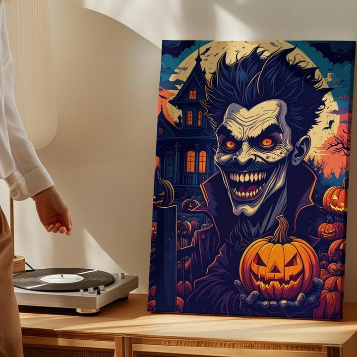 Manic Pumpkin Keeper Canvas – Comic Horror Halloween Mansion Art - Gifitto