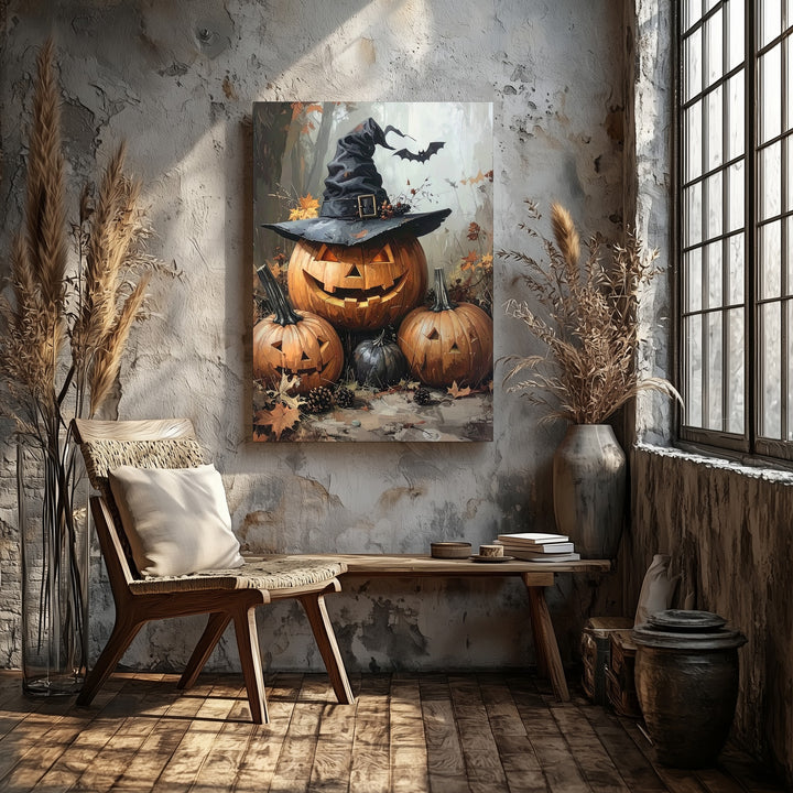 Whimsical Pumpkin Gathering Canvas – Autumn Forest Halloween Wall Art - Gifitto