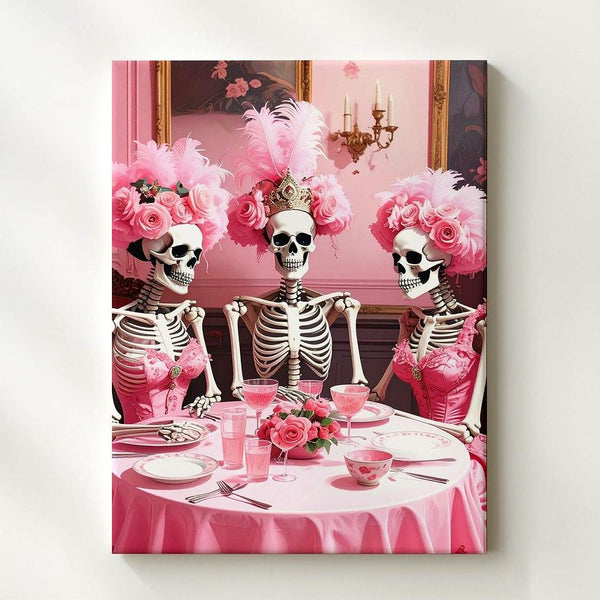 Baroque Skeleton Dinner Party Canvas – Lavish Halloween Art with Pink Table & Wigs - Gifitto