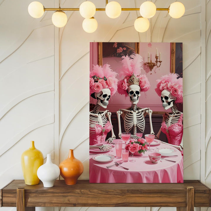 Baroque Skeleton Dinner Party Canvas – Lavish Halloween Art with Pink Table & Wigs - Gifitto