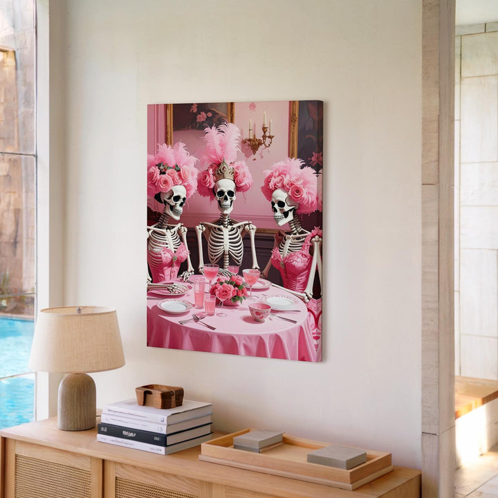 Baroque Skeleton Dinner Party Canvas – Lavish Halloween Art with Pink Table & Wigs - Gifitto