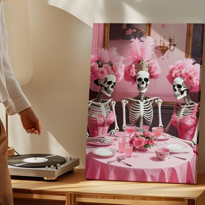 Baroque Skeleton Dinner Party Canvas – Lavish Halloween Art with Pink Table & Wigs - Gifitto