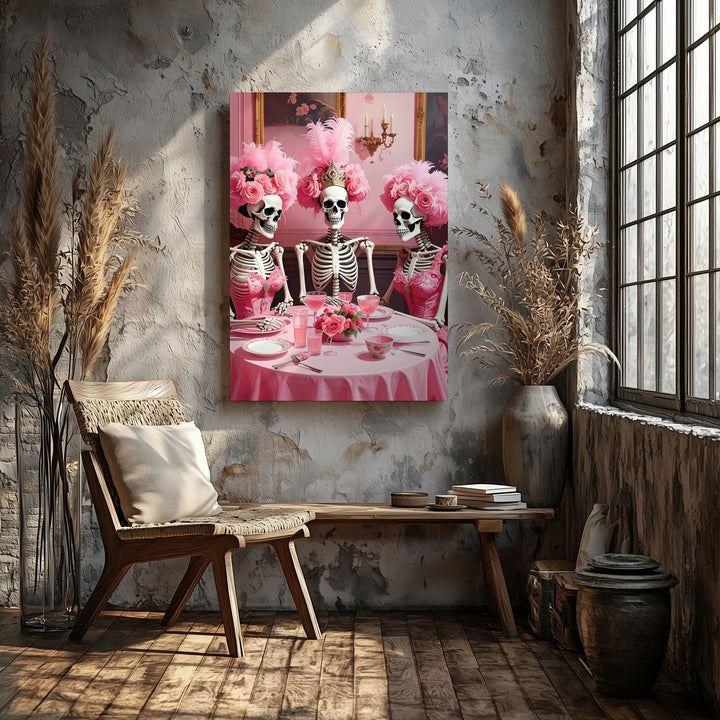 Baroque Skeleton Dinner Party Canvas – Lavish Halloween Art with Pink Table & Wigs - Gifitto