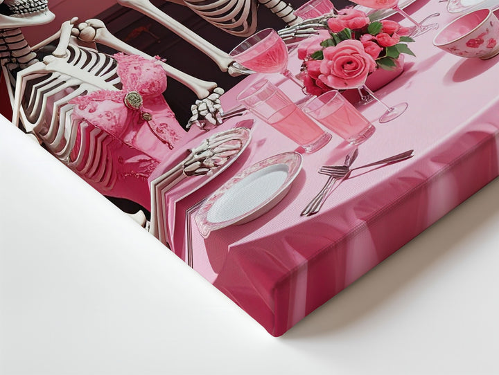 Baroque Skeleton Dinner Party Canvas – Lavish Halloween Art with Pink Table & Wigs - Gifitto