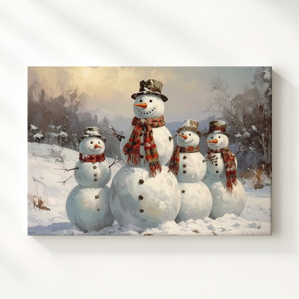 Five Snowmen Family Canvas – Cheerful Winter Friends in Snowy Landscape - Gifitto