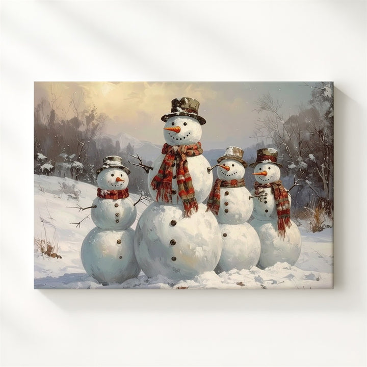 Five Snowmen Family Canvas – Cheerful Winter Friends in Snowy Landscape - Gifitto