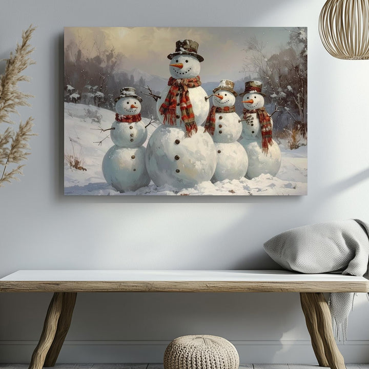 Five Snowmen Family Canvas – Cheerful Winter Friends in Snowy Landscape - Gifitto