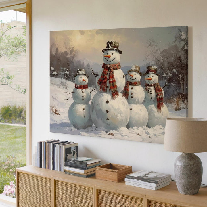 Five Snowmen Family Canvas – Cheerful Winter Friends in Snowy Landscape - Gifitto