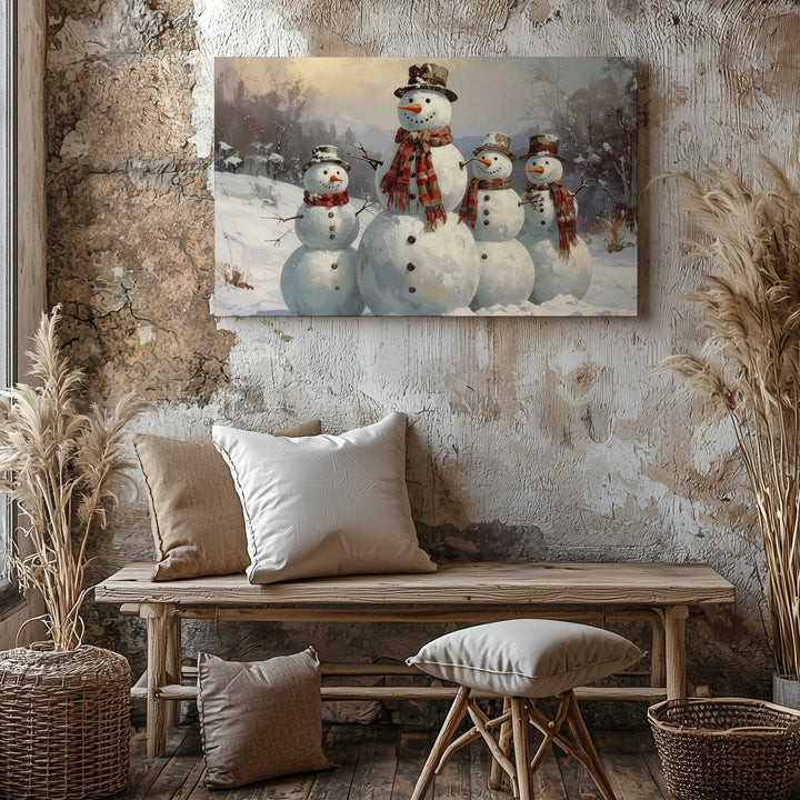 Five Snowmen Family Canvas – Cheerful Winter Friends in Snowy Landscape - Gifitto
