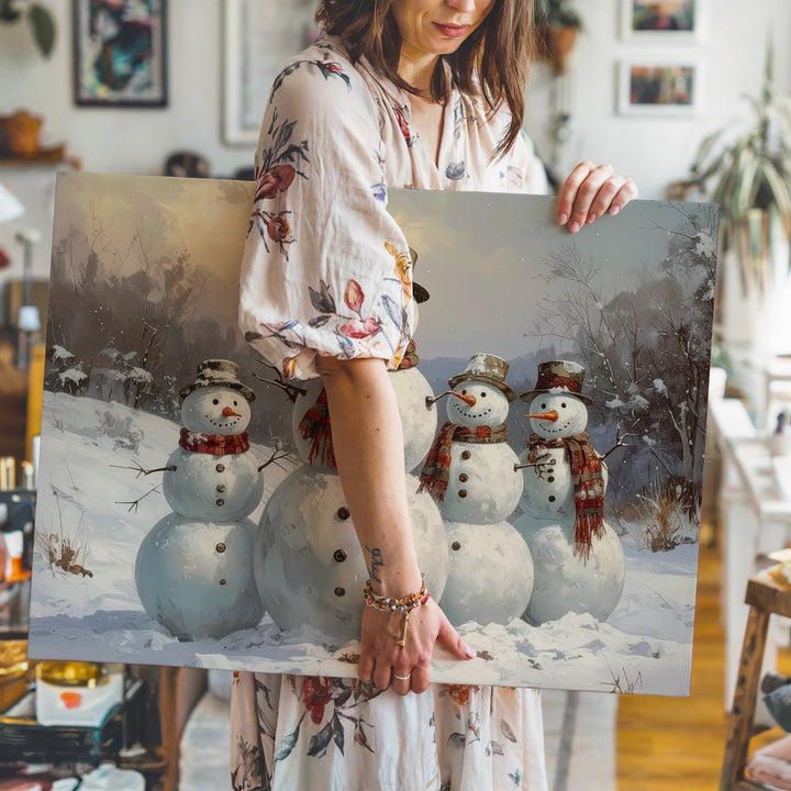 Five Snowmen Family Canvas – Cheerful Winter Friends in Snowy Landscape - Gifitto