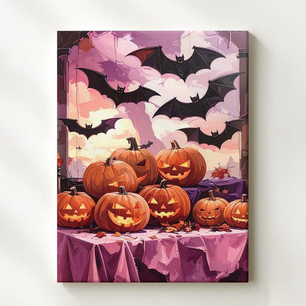 Gothic Grinning Jack-o’-Lanterns Canvas – Purple & Pink Festive Art - Gifitto