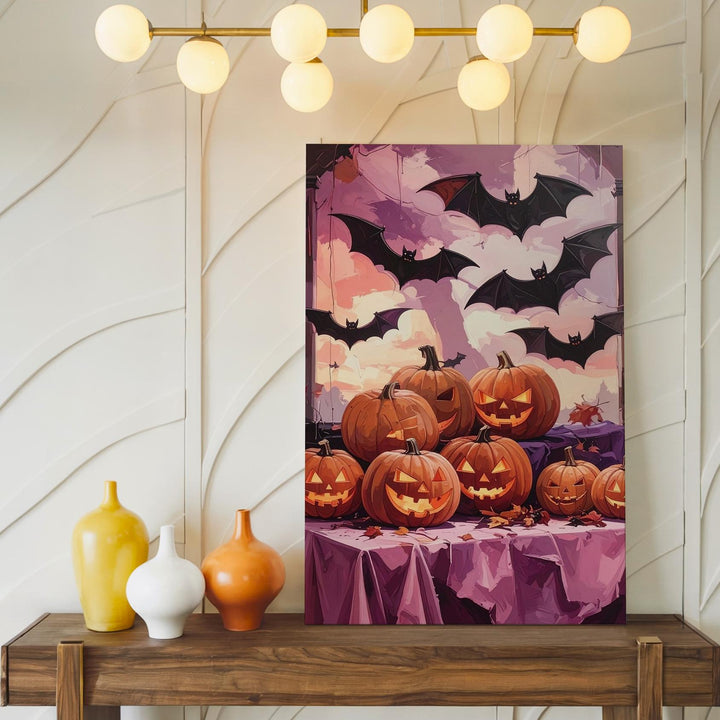 Gothic Grinning Jack-o’-Lanterns Canvas – Purple & Pink Festive Art - Gifitto