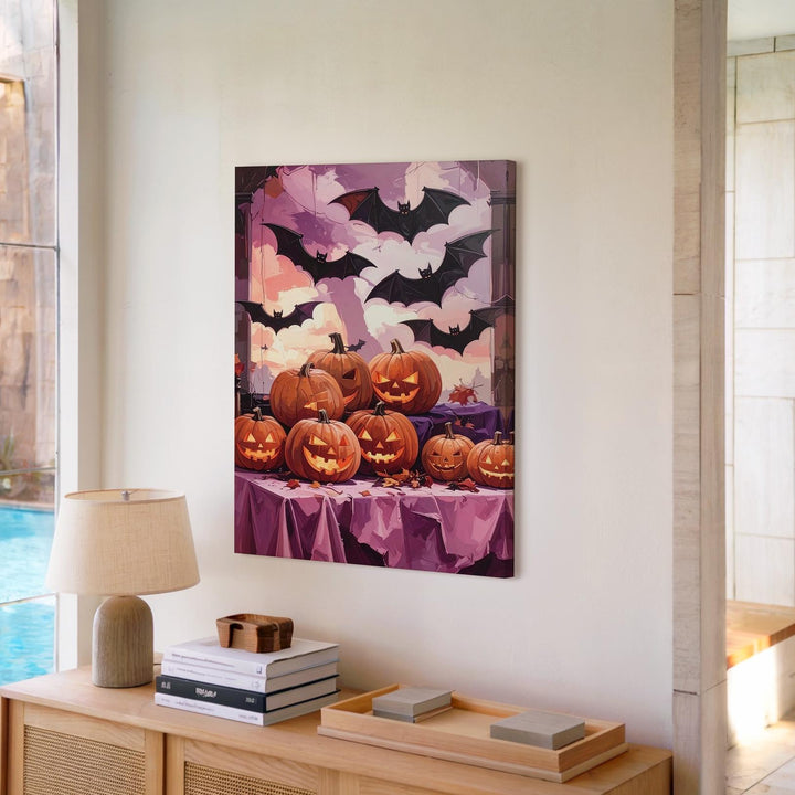 Gothic Grinning Jack-o’-Lanterns Canvas – Purple & Pink Festive Art - Gifitto