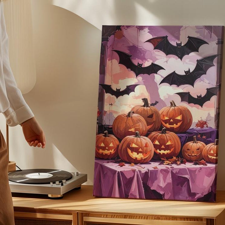 Gothic Grinning Jack-o’-Lanterns Canvas – Purple & Pink Festive Art - Gifitto