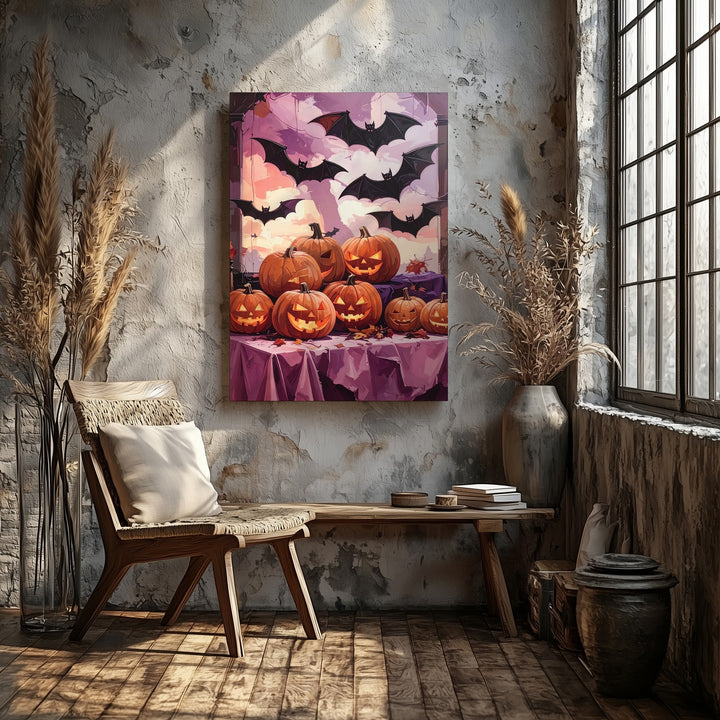 Gothic Grinning Jack-o’-Lanterns Canvas – Purple & Pink Festive Art - Gifitto