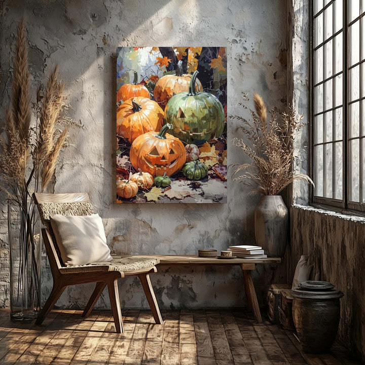 Harvest Jack-o’-Lantern Gathering Canvas – Organic Autumn Forest Wall Art - Gifitto