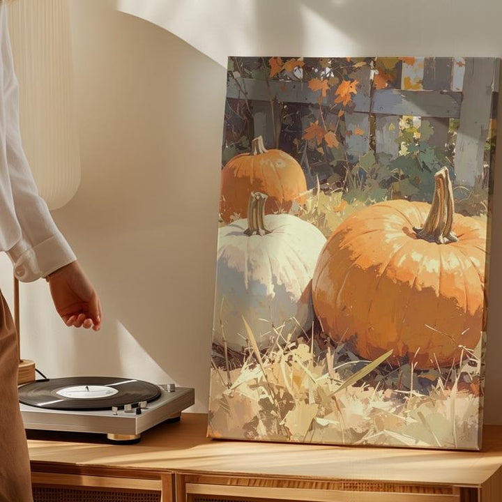 Harvest Pumpkin Display Canvas – Rustic Autumn Field with Warm Vintage Charm - Gifitto