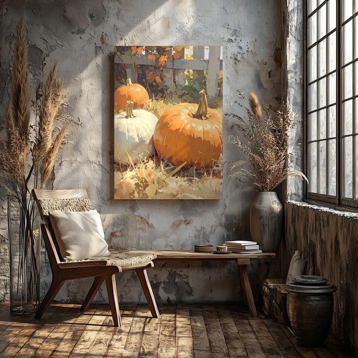 Harvest Pumpkin Display Canvas – Rustic Autumn Field with Warm Vintage Charm - Gifitto