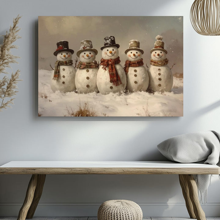 Joyful Snowmen Gathering Canvas – Playful Winter Friends in Snowy Field - Gifitto