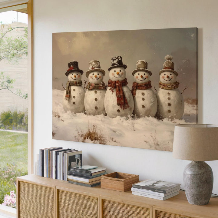 Joyful Snowmen Gathering Canvas – Playful Winter Friends in Snowy Field - Gifitto