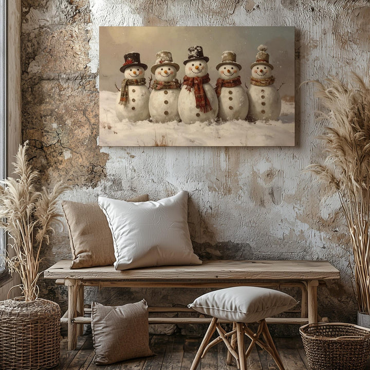Joyful Snowmen Gathering Canvas – Playful Winter Friends in Snowy Field - Gifitto