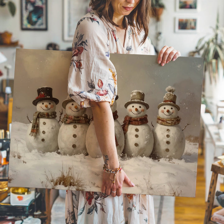 Joyful Snowmen Gathering Canvas – Playful Winter Friends in Snowy Field - Gifitto
