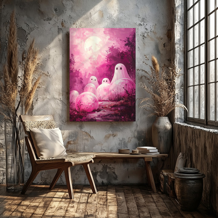 Dreamy Pink Ghost Cluster Canvas – Surreal Mystical Halloween Wall Art - Gifitto